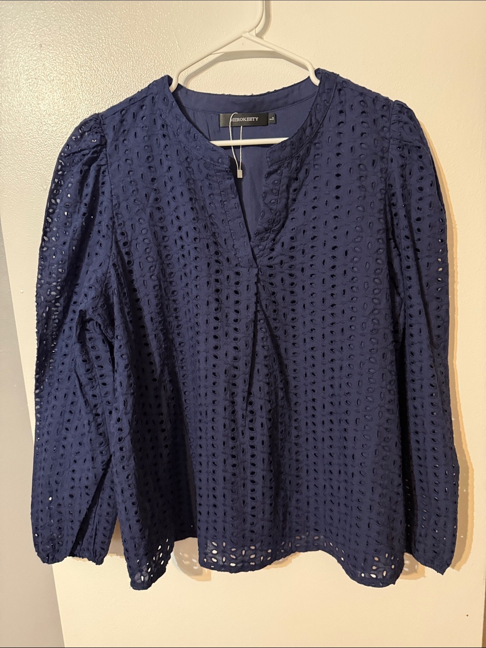 Navy Eyelet Long-Sleeve Top
